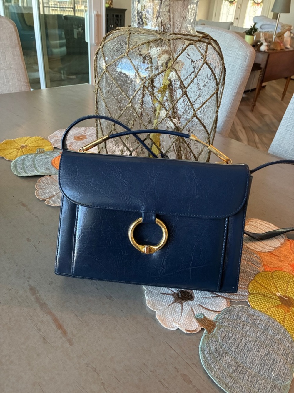 Bags by Marlo Navy Leather Crossbody with Gold Ring Accent by
